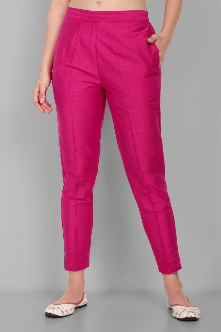 Hot Pink Straight Cotton Silk Pant with Pockets