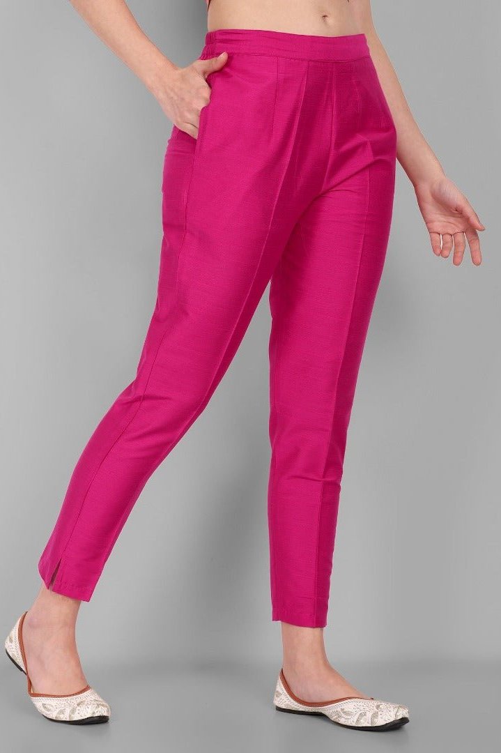 Hot Pink Straight Cotton Silk Pant with Pockets