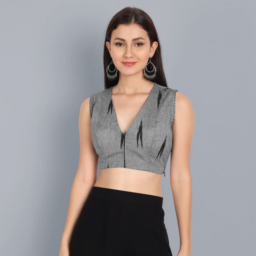 Dark Gray Ikkat Gray V Neck Padded Blouse