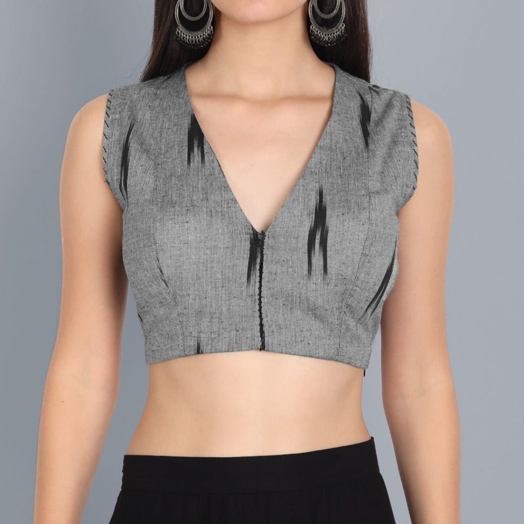 Dark Gray Ikkat Gray V Neck Padded Blouse