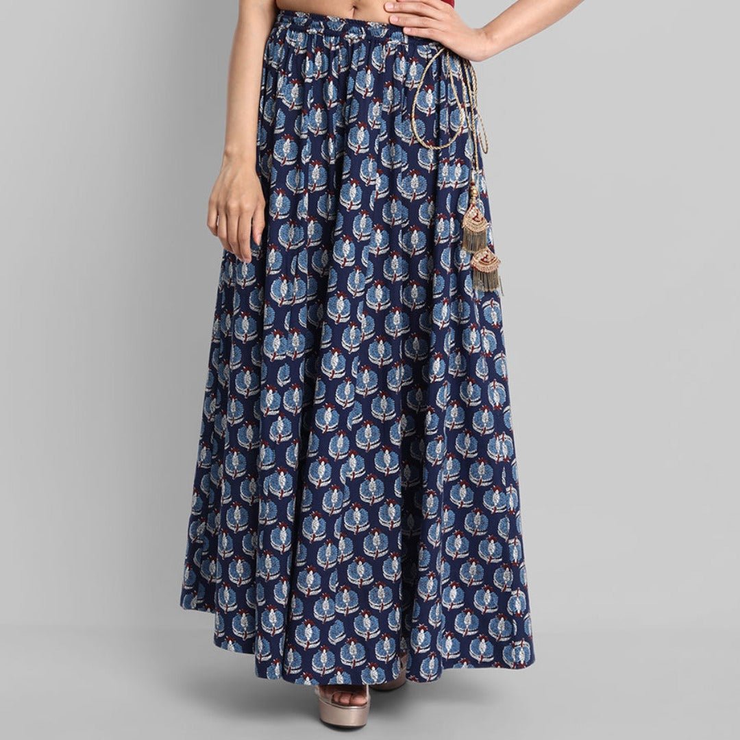 Gray Indigo Printed 24 Kalidar Cotton Skirt