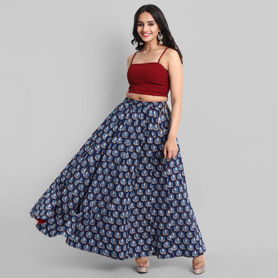 Gray Indigo Printed 24 Kalidar Cotton Skirt