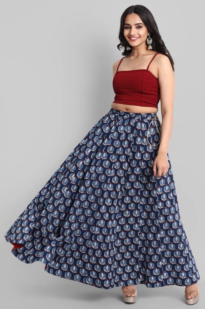 Indigo Printed Kalidar Cotton Skirt