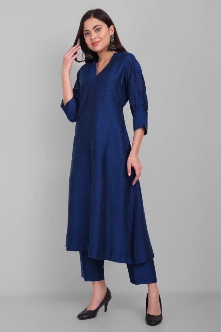 Gray Amreen Ink Blue A line textured Cotton Silk Kurta and Pant Set