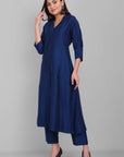 Gray Amreen Ink Blue A line textured Cotton Silk Kurta and Pant Set