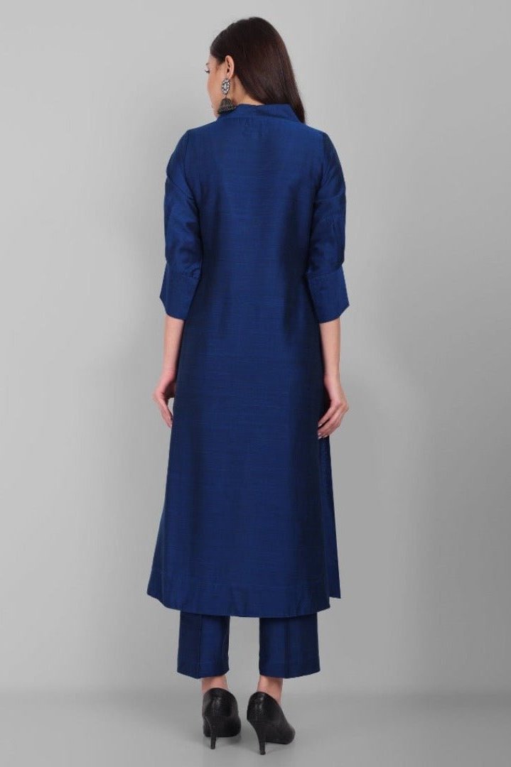 Dark Gray Amreen Ink Blue A line textured Cotton Silk Kurta and Pant Set