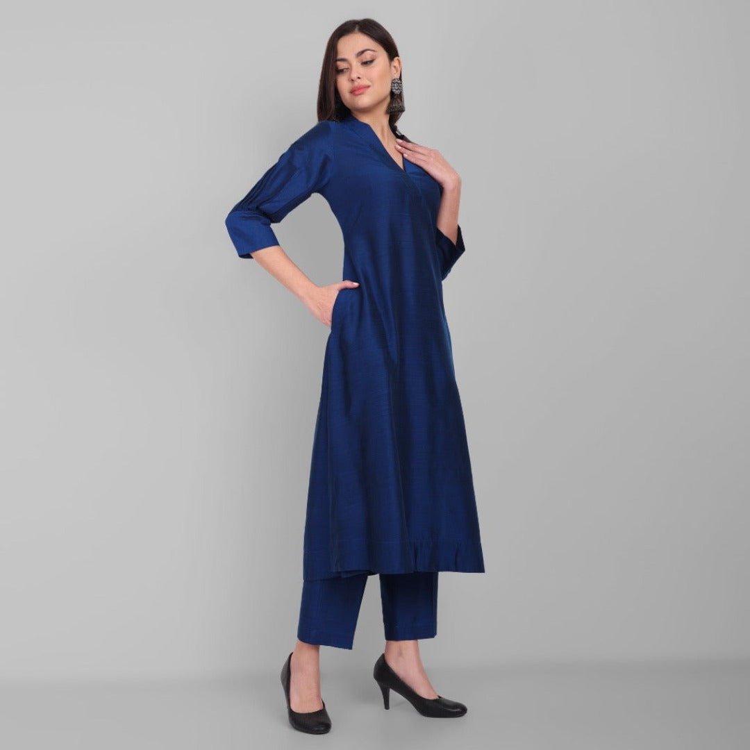 Gray Amreen Ink Blue A line textured Cotton Silk Kurta and Pant Set