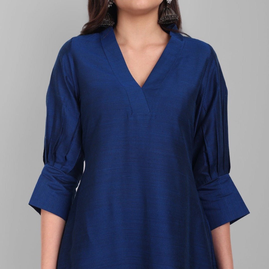 Midnight Blue Amreen Ink Blue A line textured Cotton Silk Kurta and Pant Set