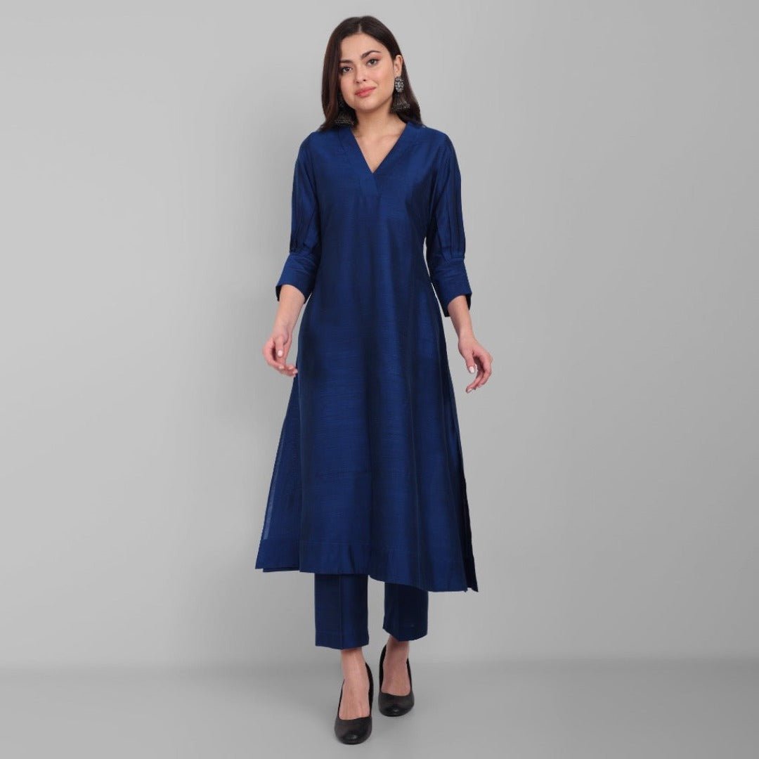 Gray Amreen Ink Blue A line textured Cotton Silk Kurta and Pant Set