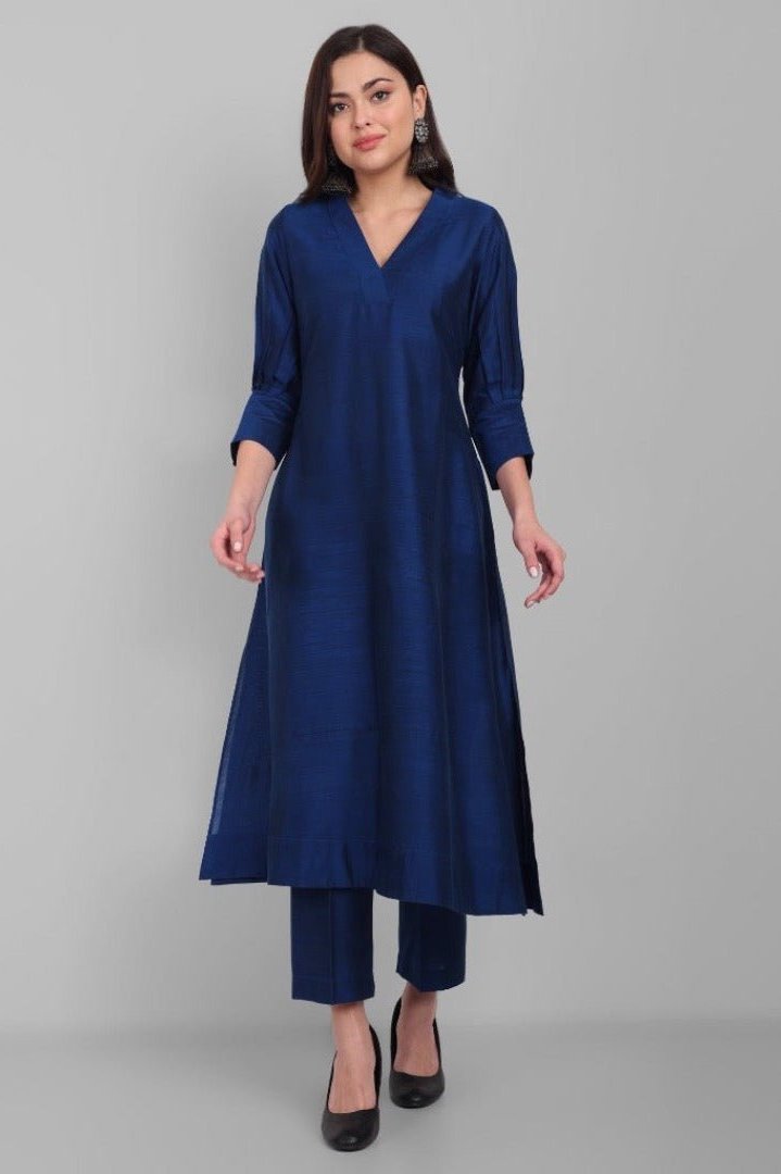 Gray Amreen Ink Blue A line textured Cotton Silk Kurta and Pant Set