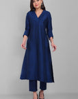 Gray Amreen Ink Blue A line textured Cotton Silk Kurta and Pant Set