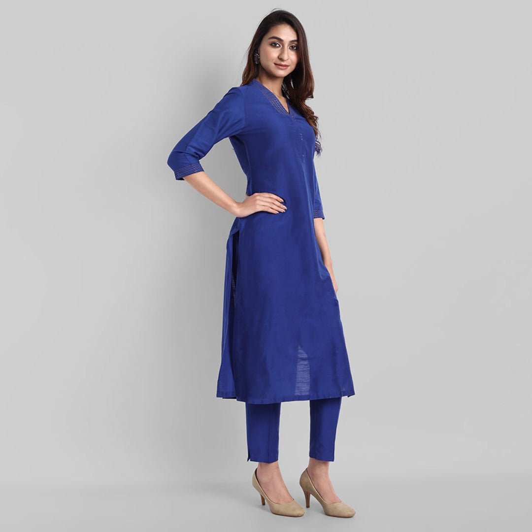 Gray Blue Silk Lapel Kurta Pants Set