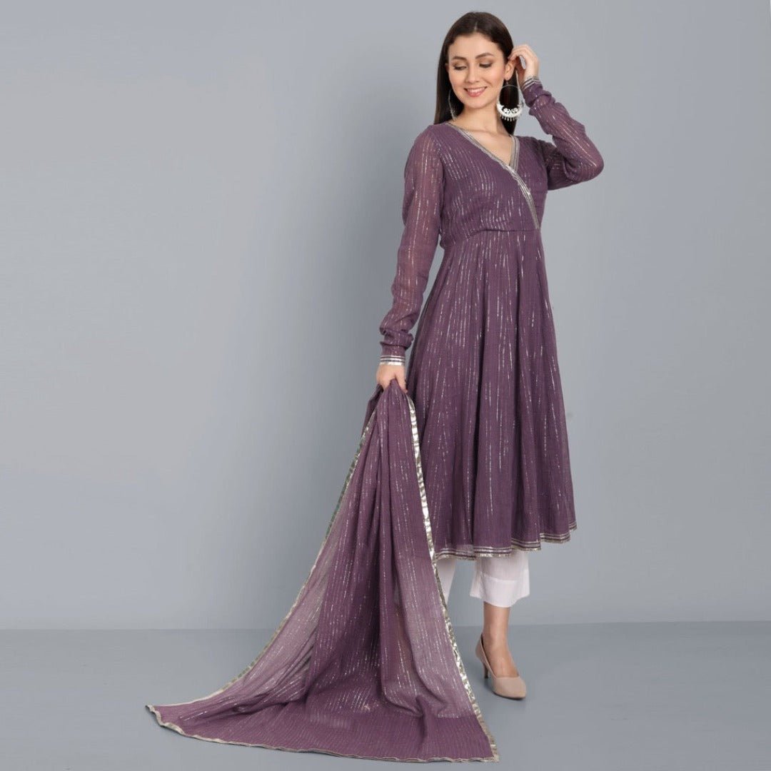 Dark Gray Kaasni Anarkali with Dupatta - Set of 3