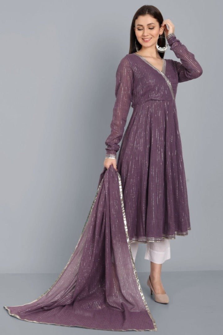 Dark Gray Kaasni Anarkali with Dupatta - Set of 3