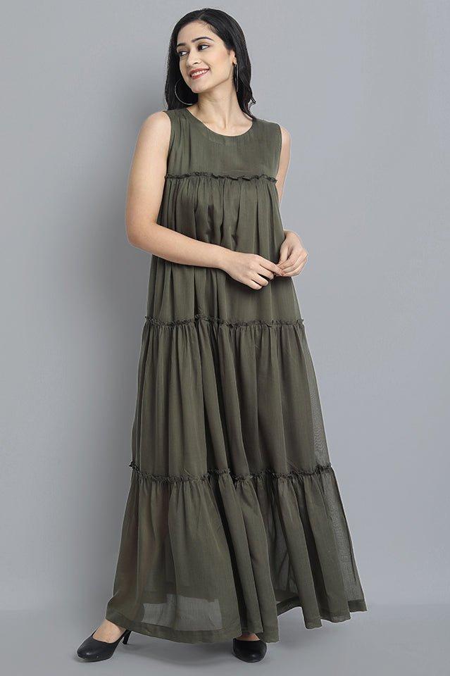 Dark Olive Green Khaki Mul Cotton Sleeveless Graduated Dress