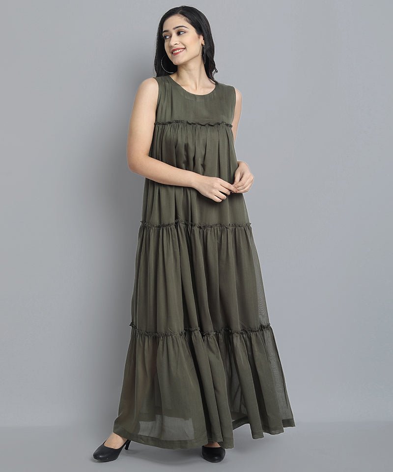 Dark Olive Green Khaki Mul Cotton Sleeveless Graduated Dress