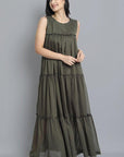 Dark Olive Green Khaki Mul Cotton Sleeveless Graduated Dress