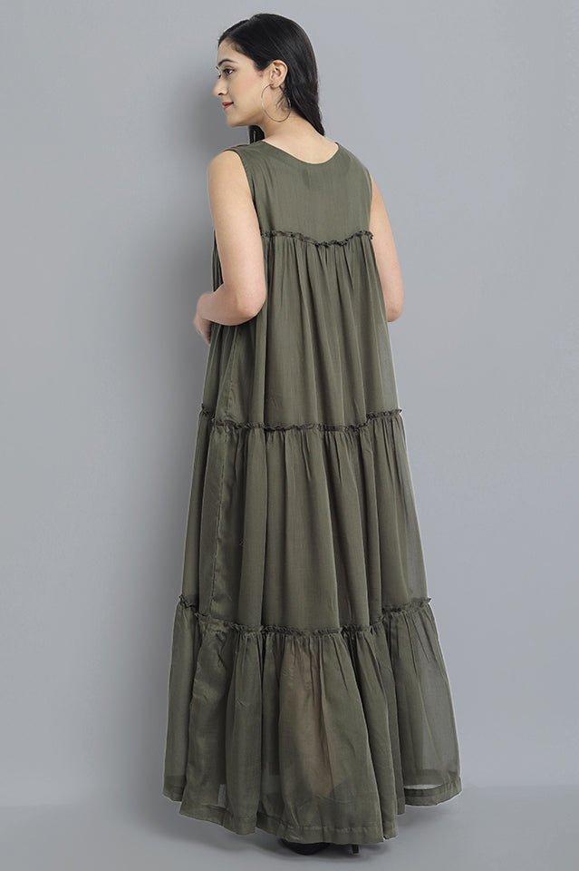 Dark Olive Green Khaki Mul Cotton Sleeveless Graduated Dress