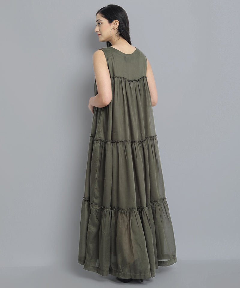 Dark Olive Green Khaki Mul Cotton Sleeveless Graduated Dress