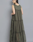 Dark Olive Green Khaki Mul Cotton Sleeveless Graduated Dress