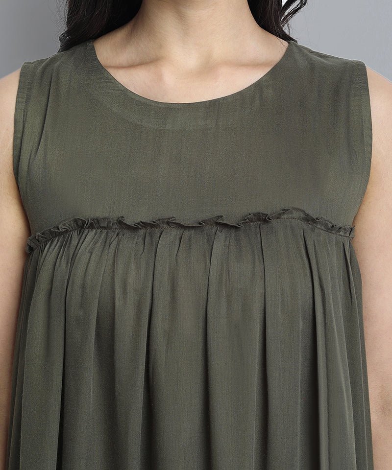 Dim Gray Khaki Mul Cotton Sleeveless Graduated Dress