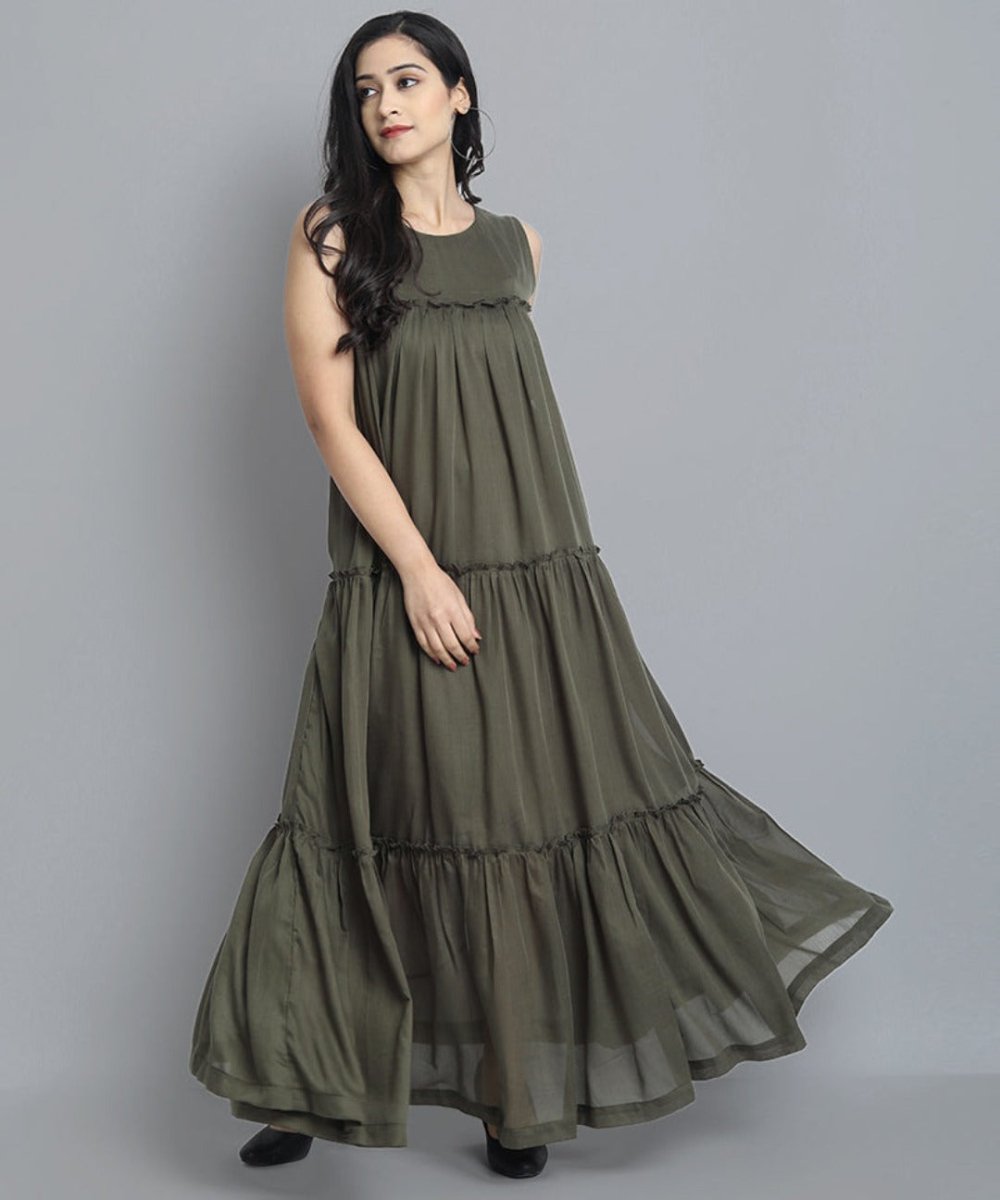 Dark Olive Green Khaki Mul Cotton Sleeveless Graduated Dress