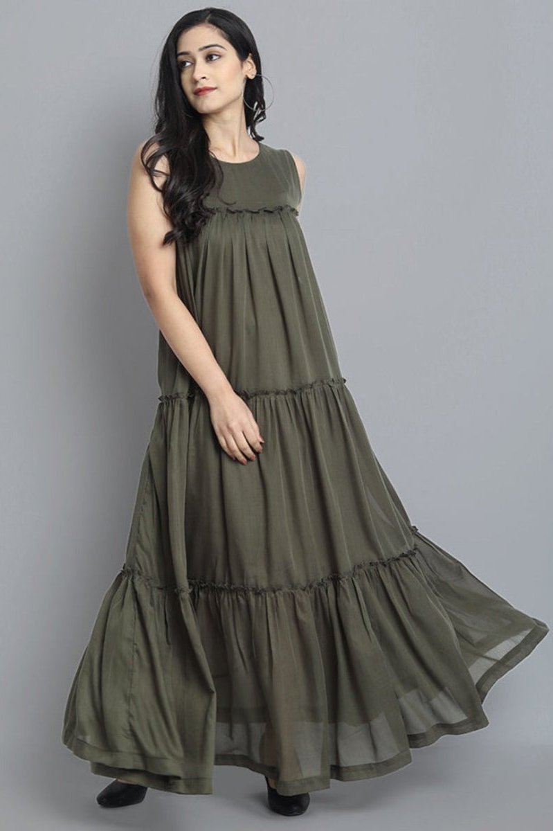 Dark Olive Green Khaki Mul Cotton Sleeveless Graduated Dress