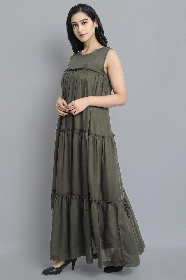 Dark Olive Green Khaki Mul Cotton Sleeveless Graduated Dress