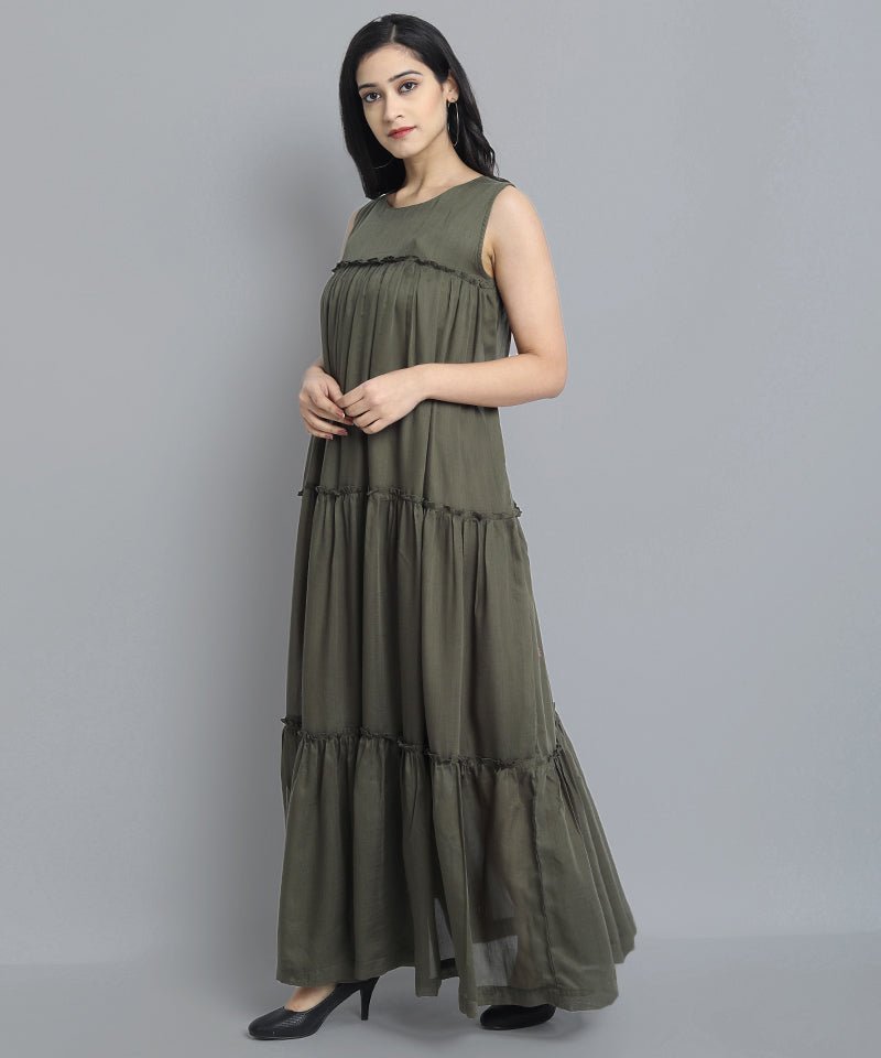 Dark Olive Green Khaki Mul Cotton Sleeveless Graduated Dress