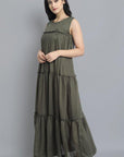 Dark Olive Green Khaki Mul Cotton Sleeveless Graduated Dress