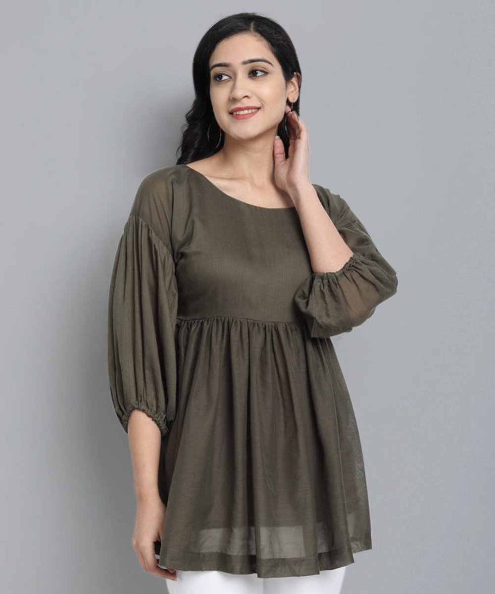 Gray Khaki Mul Cotton Tunic Top