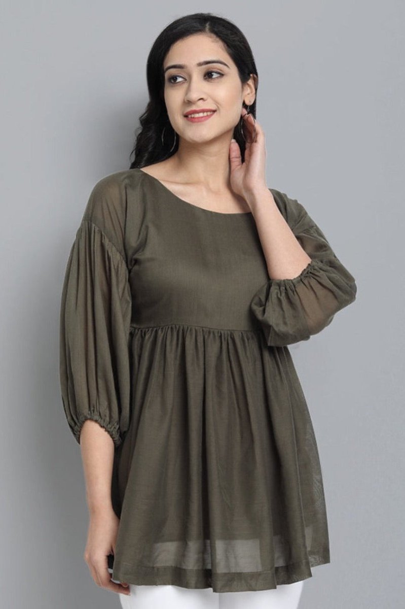 Gray Khaki Mul Cotton Tunic Top