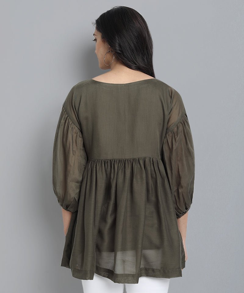 Dark Olive Green Khaki Mul Cotton Tunic Top