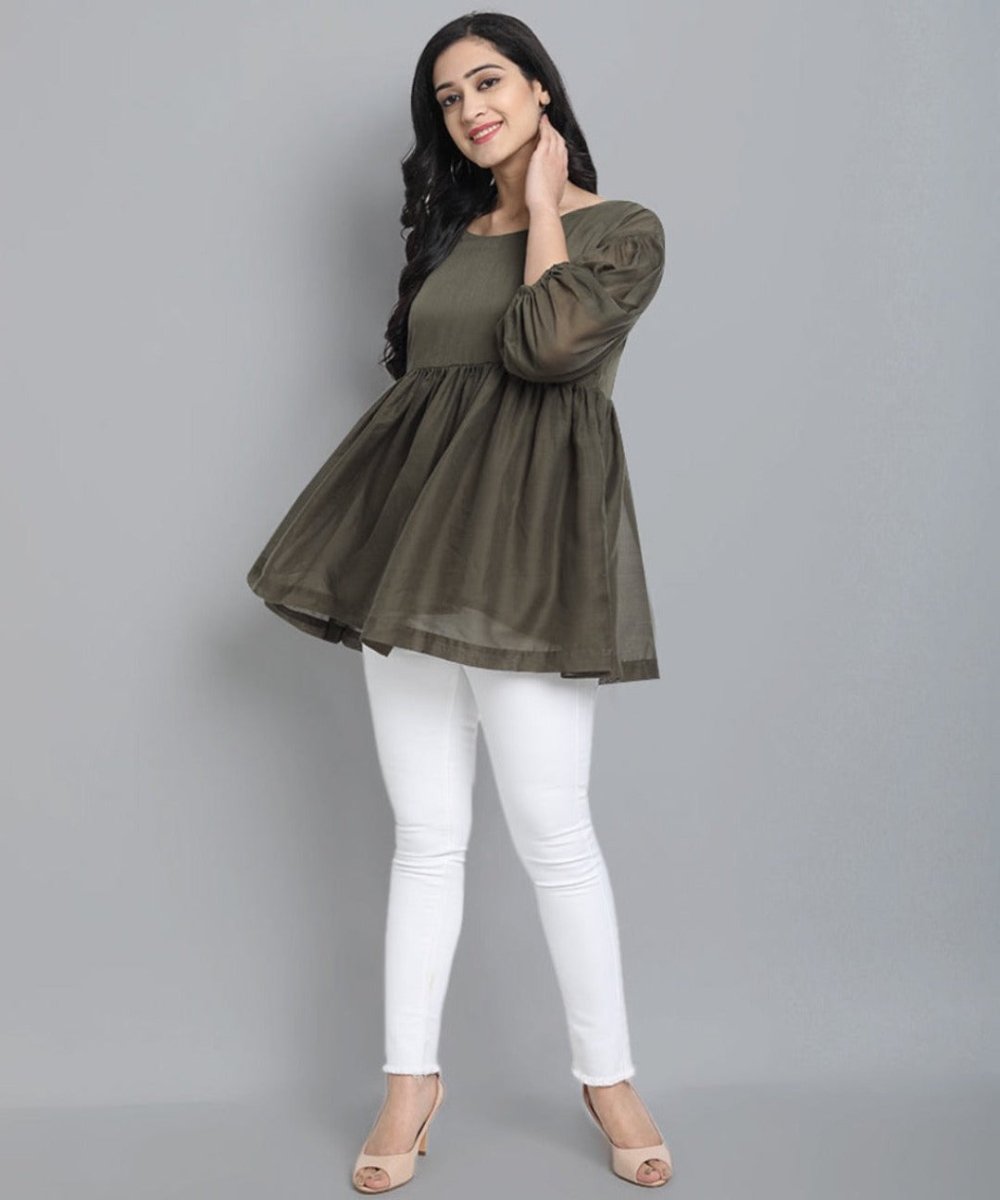 Dark Olive Green Khaki Mul Cotton Tunic Top