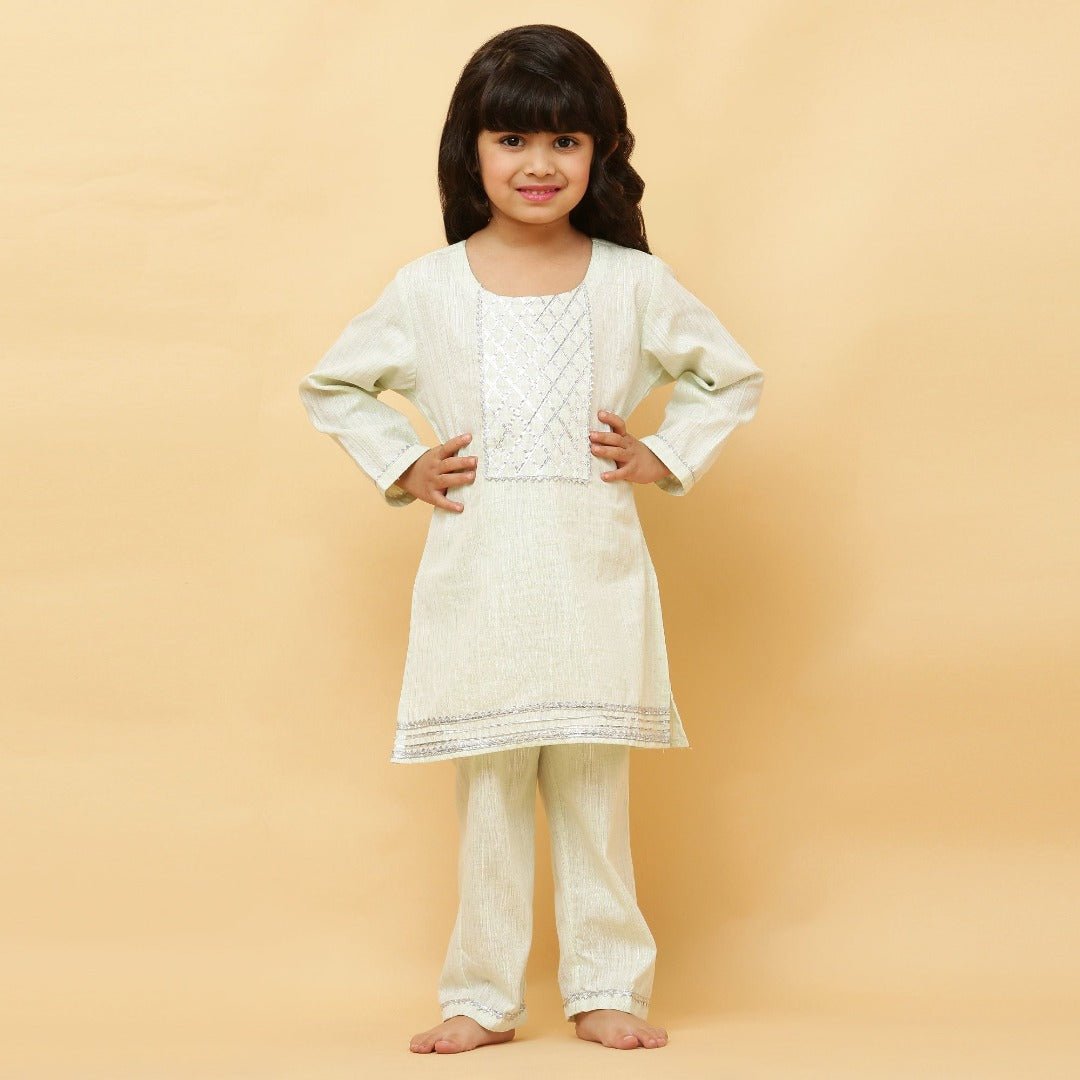 Light Goldenrod Light Green Lurex Kurta and shalwar