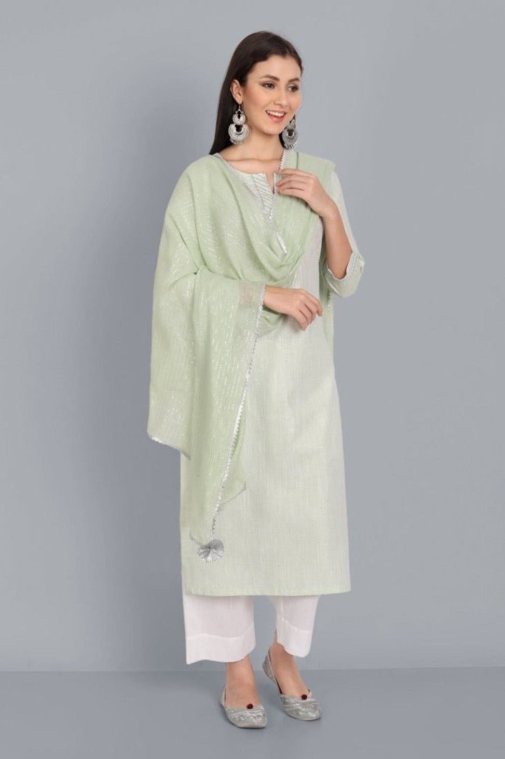 Dark Gray Light Green Lurex Straight Kurta with Dupatta - Set of 3