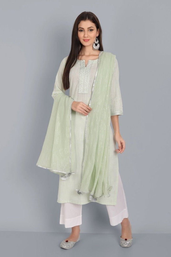 Dark Gray Light Green Lurex Straight Kurta with Dupatta - Set of 3