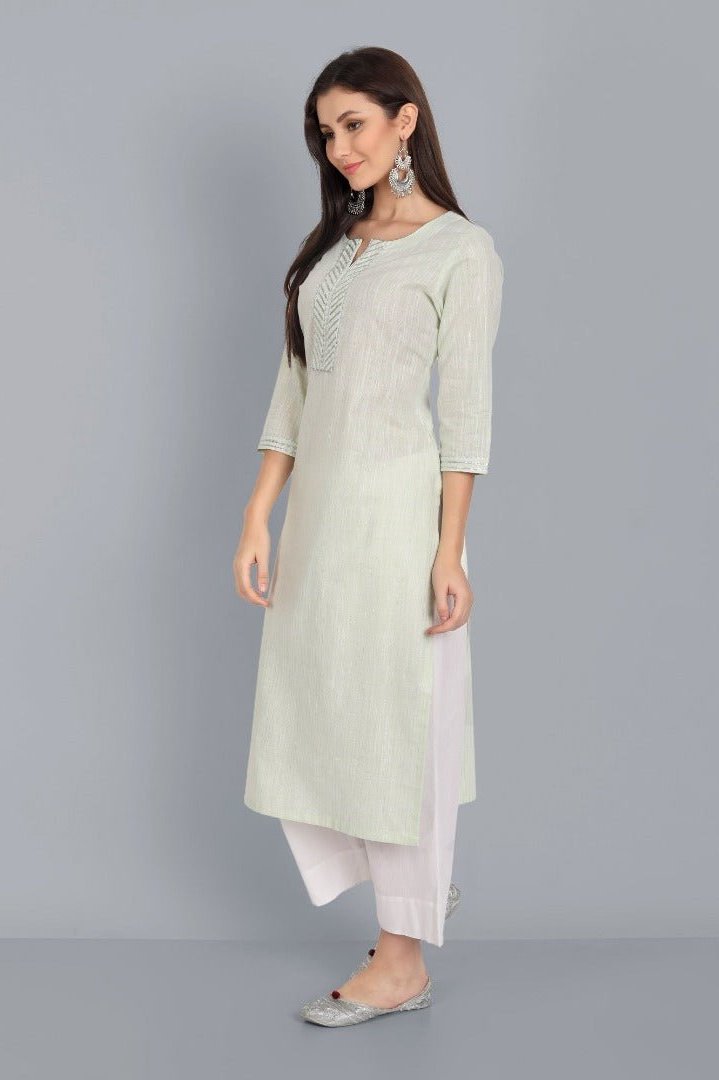 Dark Gray Light Green Lurex Straight Kurta with Dupatta - Set of 3