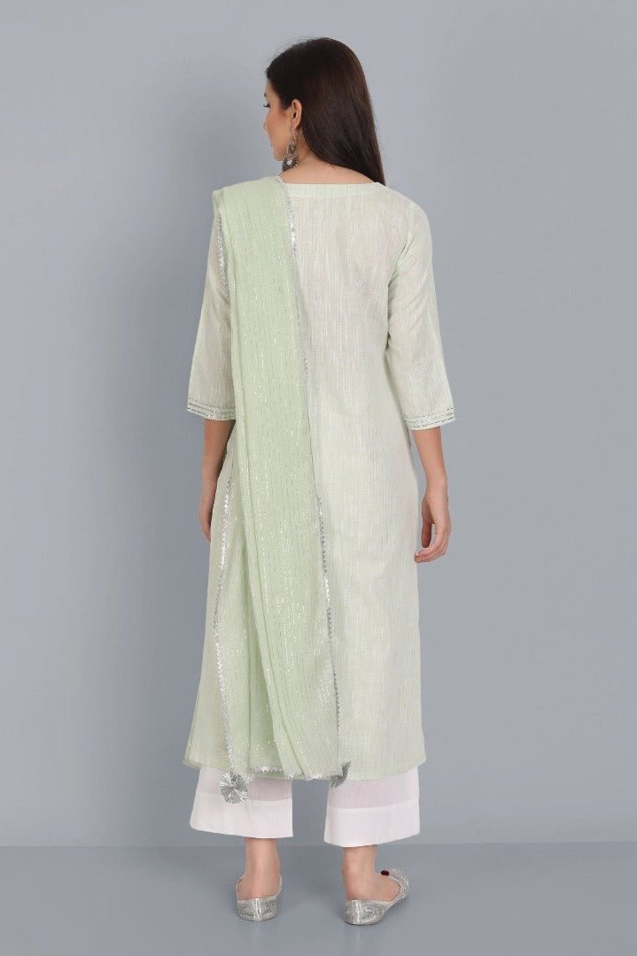 Dark Gray Light Green Lurex Straight Kurta with Dupatta - Set of 3