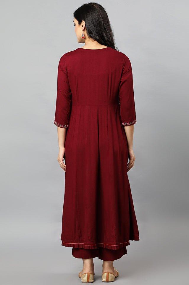 Dark Red Maroon Anara Embroidered Rayon Kurta Dress