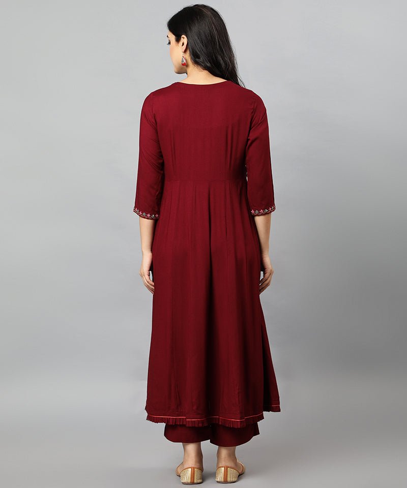 Dark Red Maroon Anara Embroidered Rayon Kurta Dress