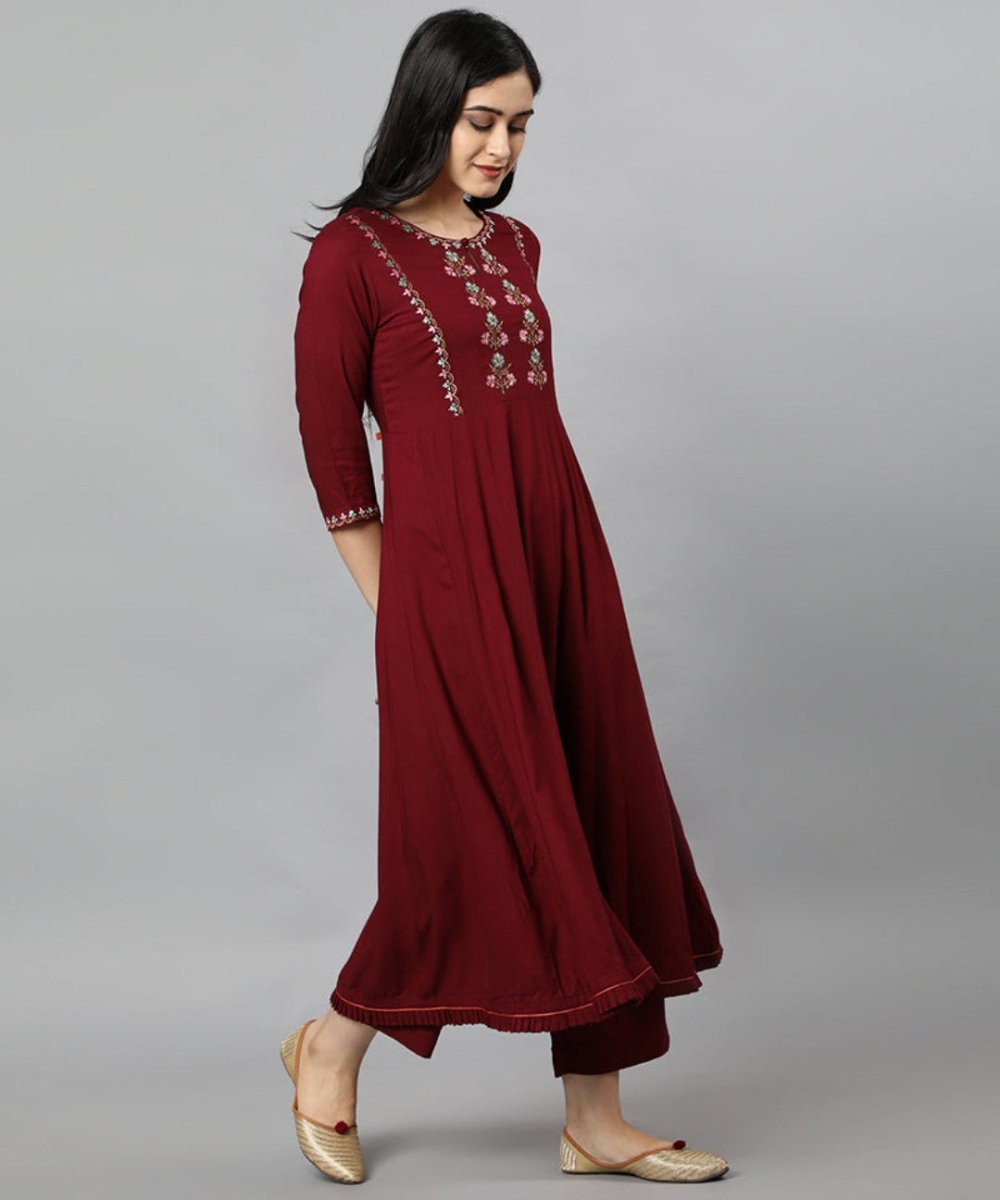 Dark Red Maroon Anara Embroidered Rayon Kurta Dress