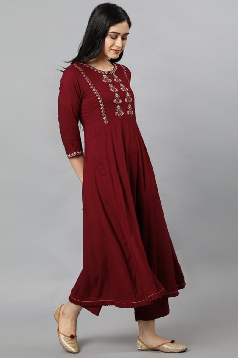 Dark Red Maroon Anara Embroidered Rayon Kurta Dress