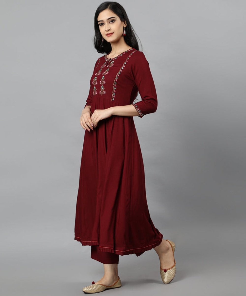 Dark Gray Maroon Anara Embroidered Rayon Kurta Dress