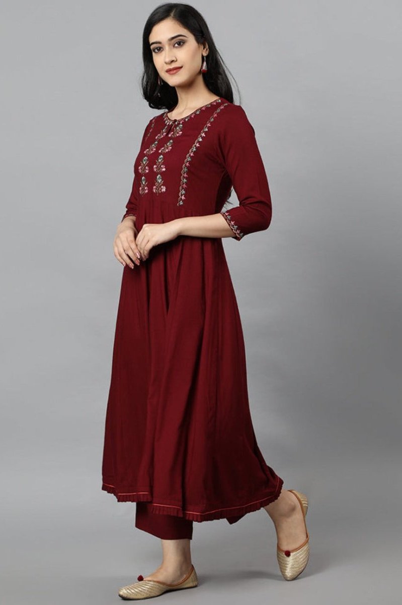 Dark Gray Maroon Anara Embroidered Rayon Kurta Dress