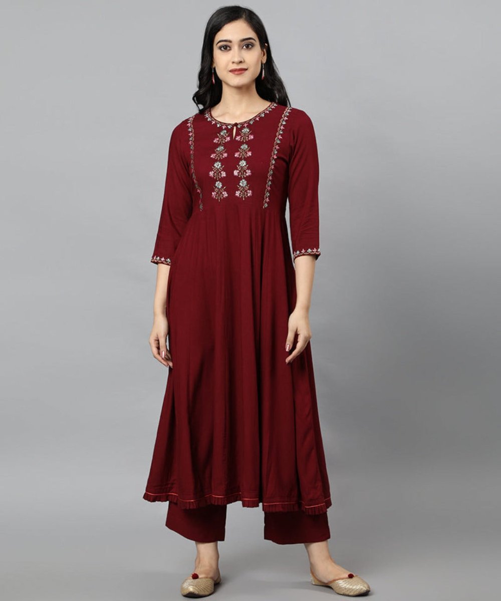 Gray Maroon Anara Embroidered Rayon Kurta Dress