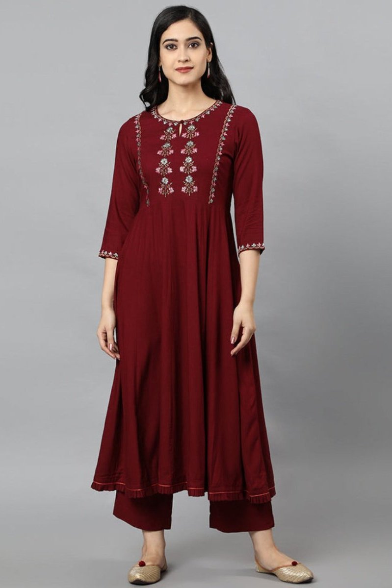 Gray Maroon Anara Embroidered Rayon Kurta Dress