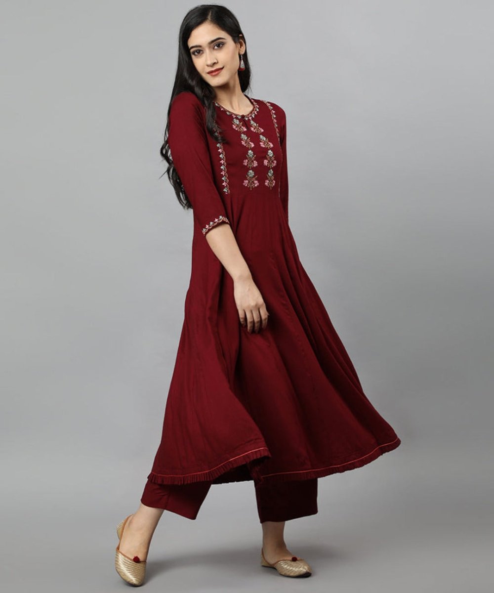 Dark Red Maroon Anara Embroidered Rayon Kurta Dress