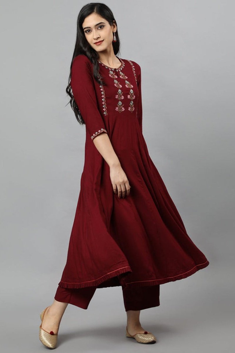 Dark Red Maroon Anara Embroidered Rayon Kurta Dress