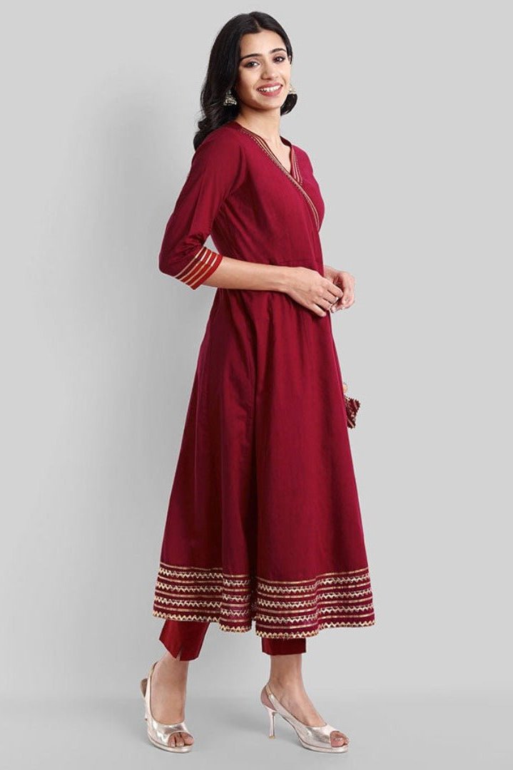 Maroon Gota Angarkha Kurta Pants Set